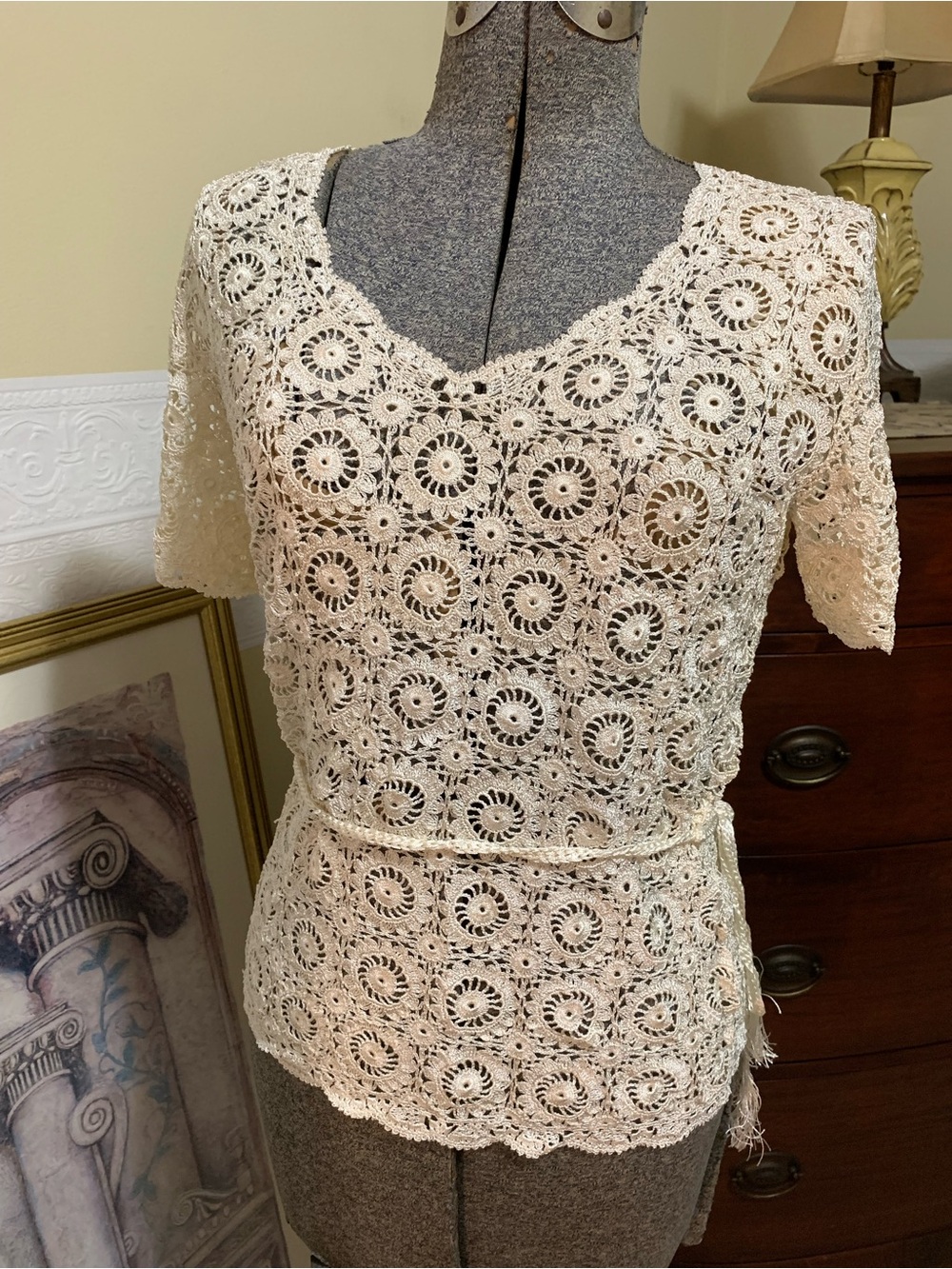 Vintage 70’s Crocheted Blouse Lace Cream Sheer Top w/ Tie Waist Size Small NEW.